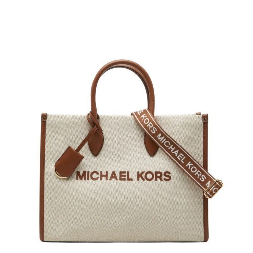 Michael Kors Mirella EW Canvas Leather Tote Bag Beige